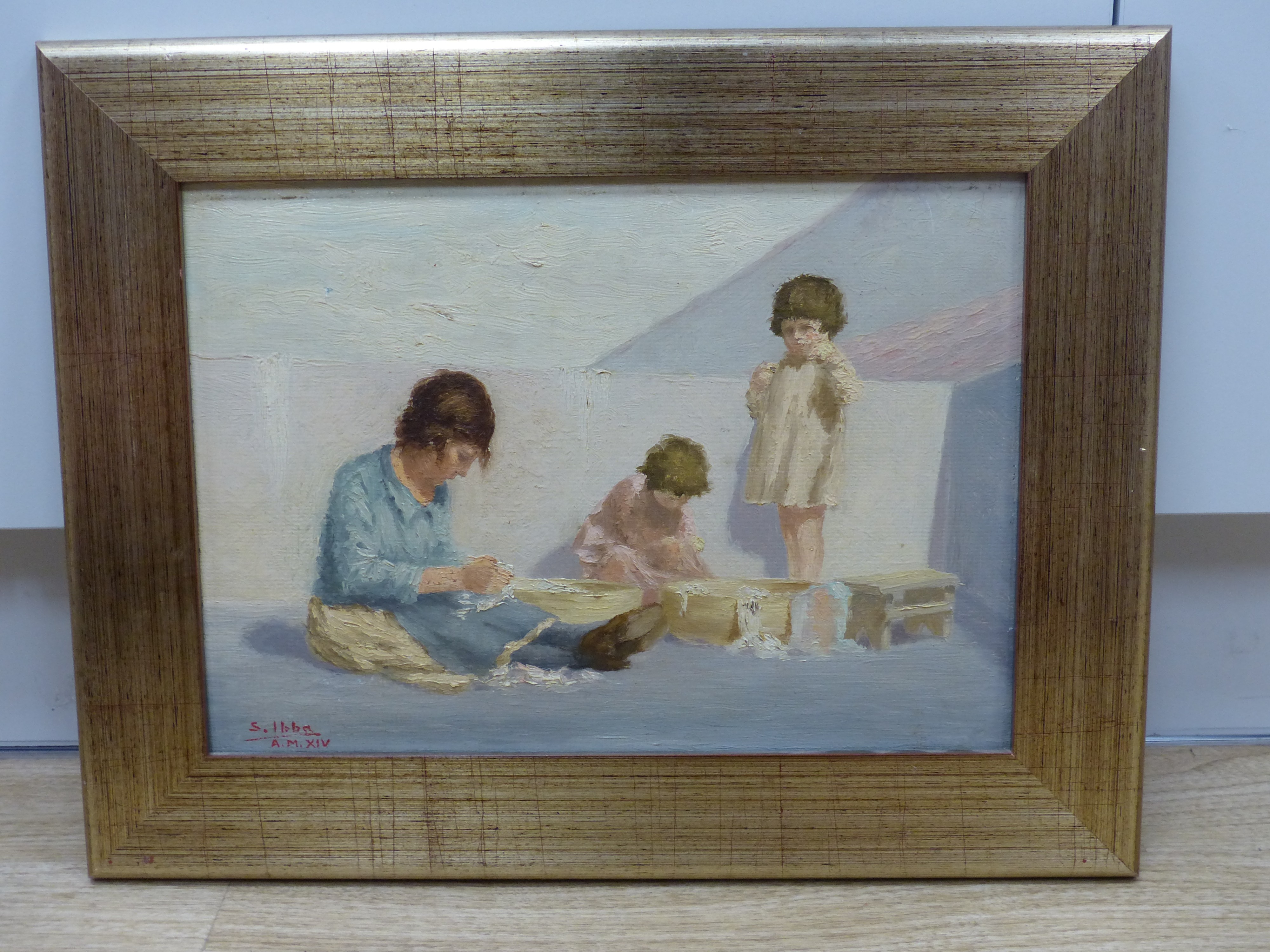 S. Ibba, oil on board, Street children washing clothes, 34 x 24cm